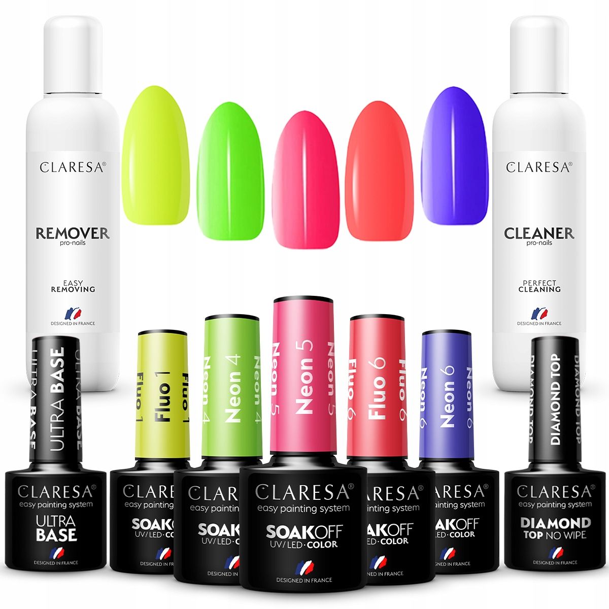  5x lak neon claresa + báza top cleaner acetón