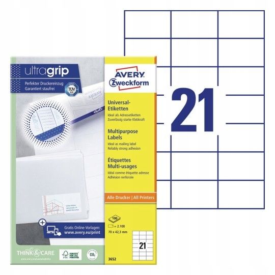  Universalios etiketės baltas avery 3653 ultragrip