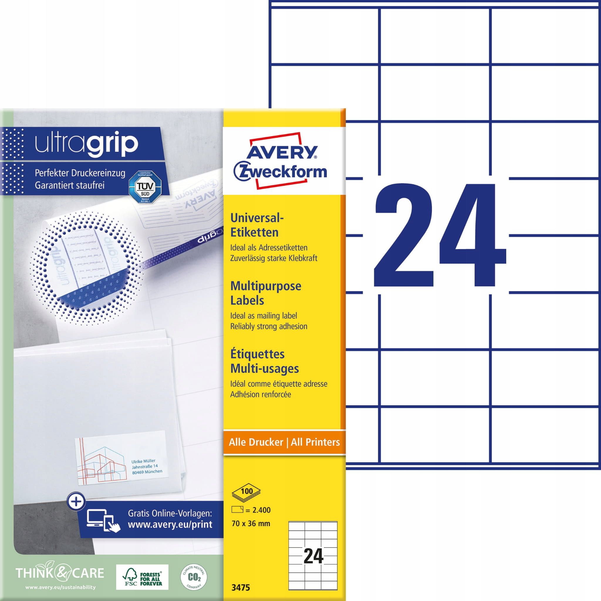  Universalios etiketės baltas avery 3653 ultragrip