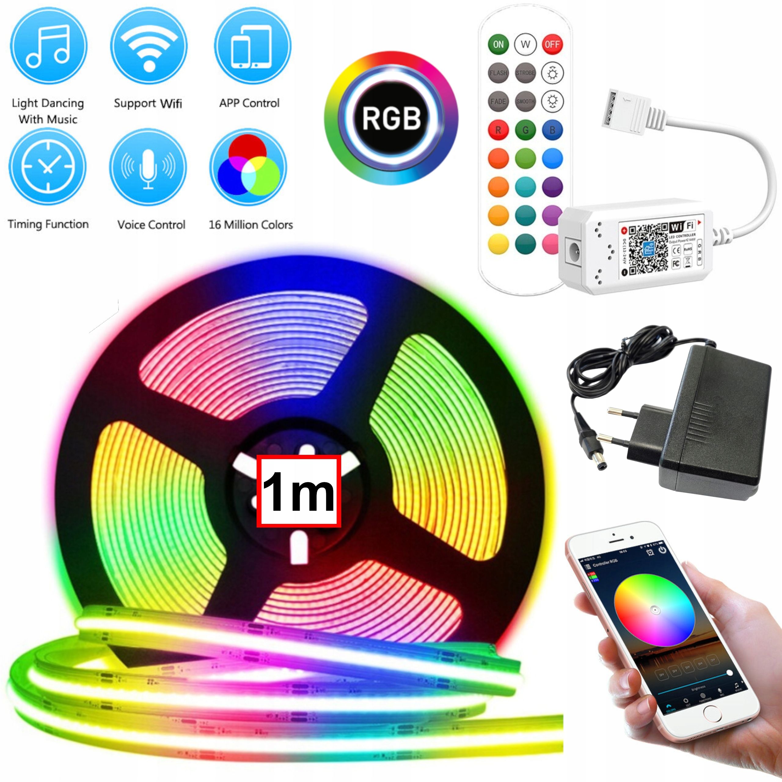  Led juosta cob 1m rgb neon spalva komplektas smart wifi android ios muzikinis