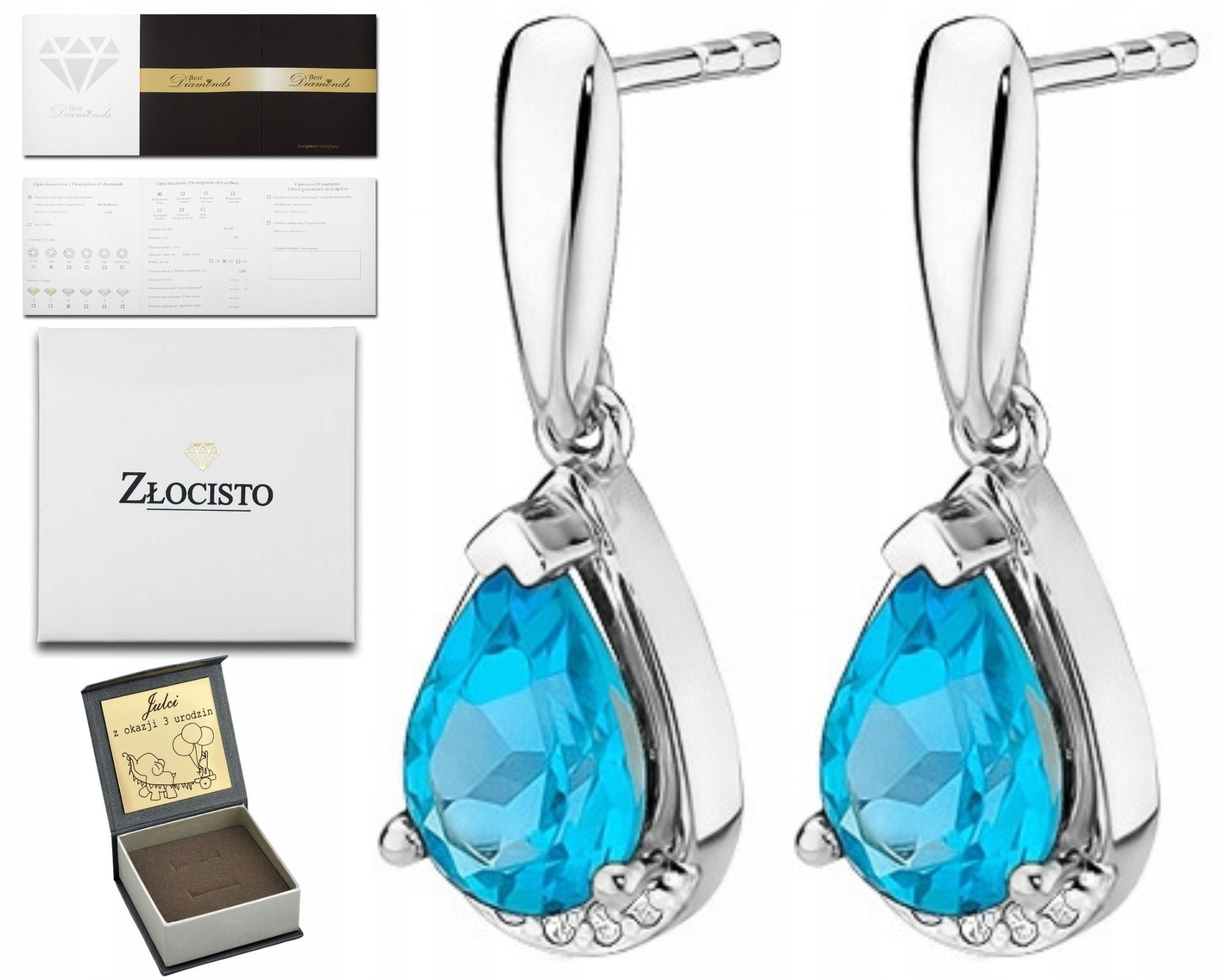  Zlaté náušnice topaz london blue diamanty ceruzka zlato 585 14k