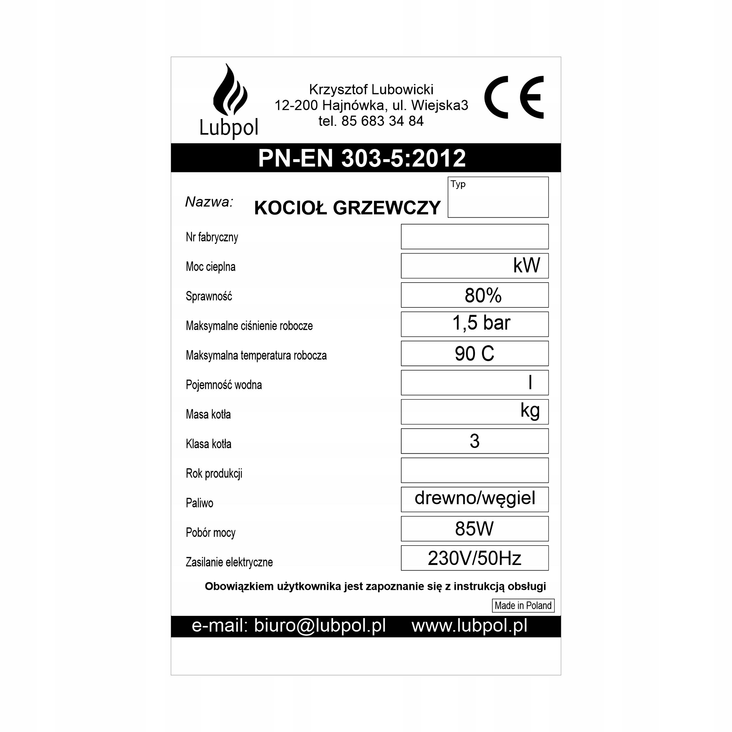  Nameplate sticker on heating boiler kolton others wtornik