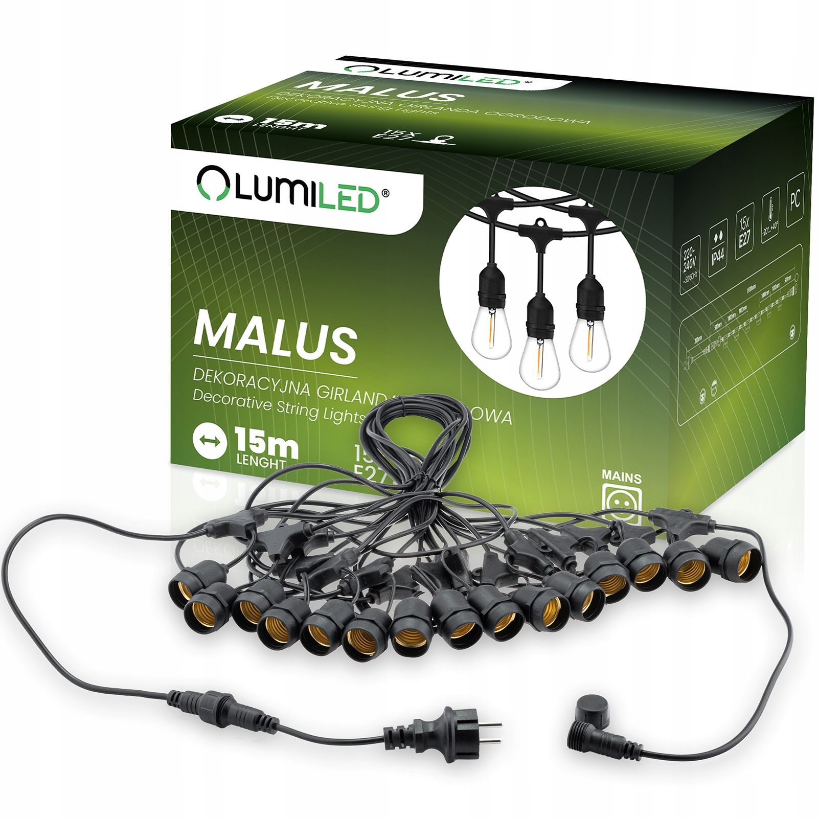  Dārza vītne ārējs ķēde led gaisma 15m 15xe27 1,3w premium
