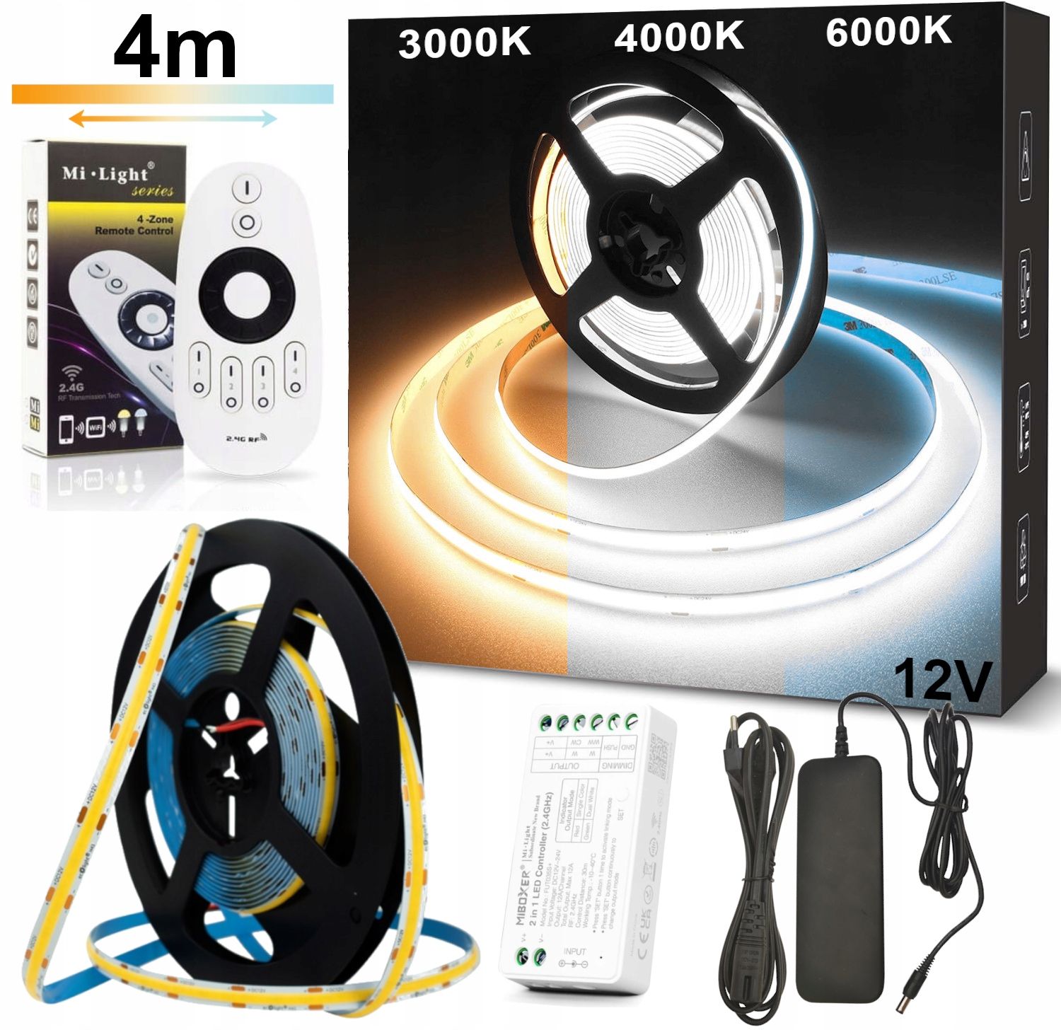  Led juosta 5m cob cct 24v su kintamąją spalva 2700k-6500k valdiklio + maitinimo šaltinis