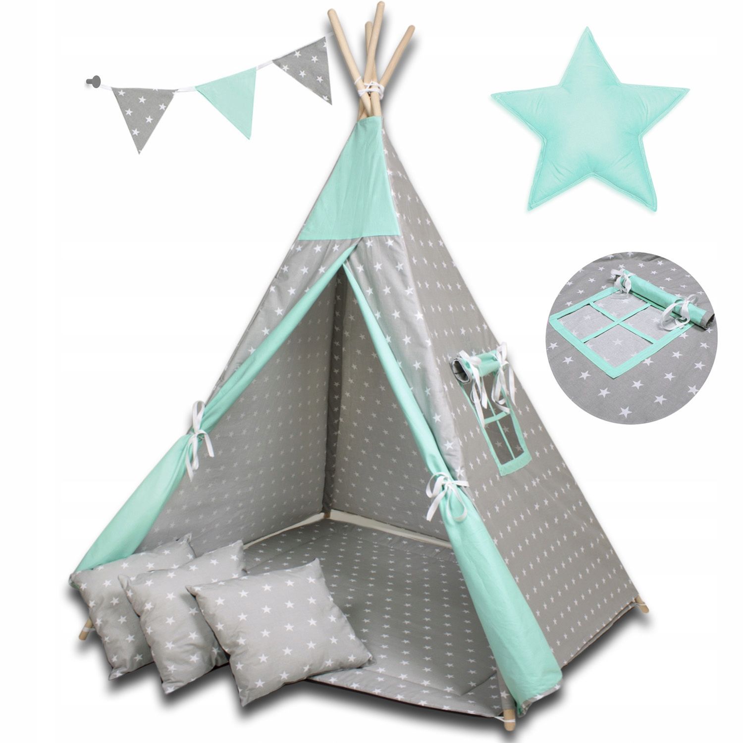  Detský stan tipi zelený w jeleň, vigvam, teepee, vankúš gewiazda