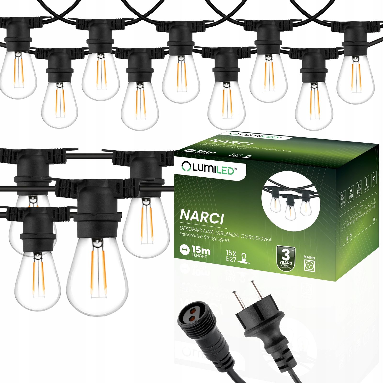  Dārza vītne ārējs ķēde led gaisma 15m 15xe27 1,3w premium