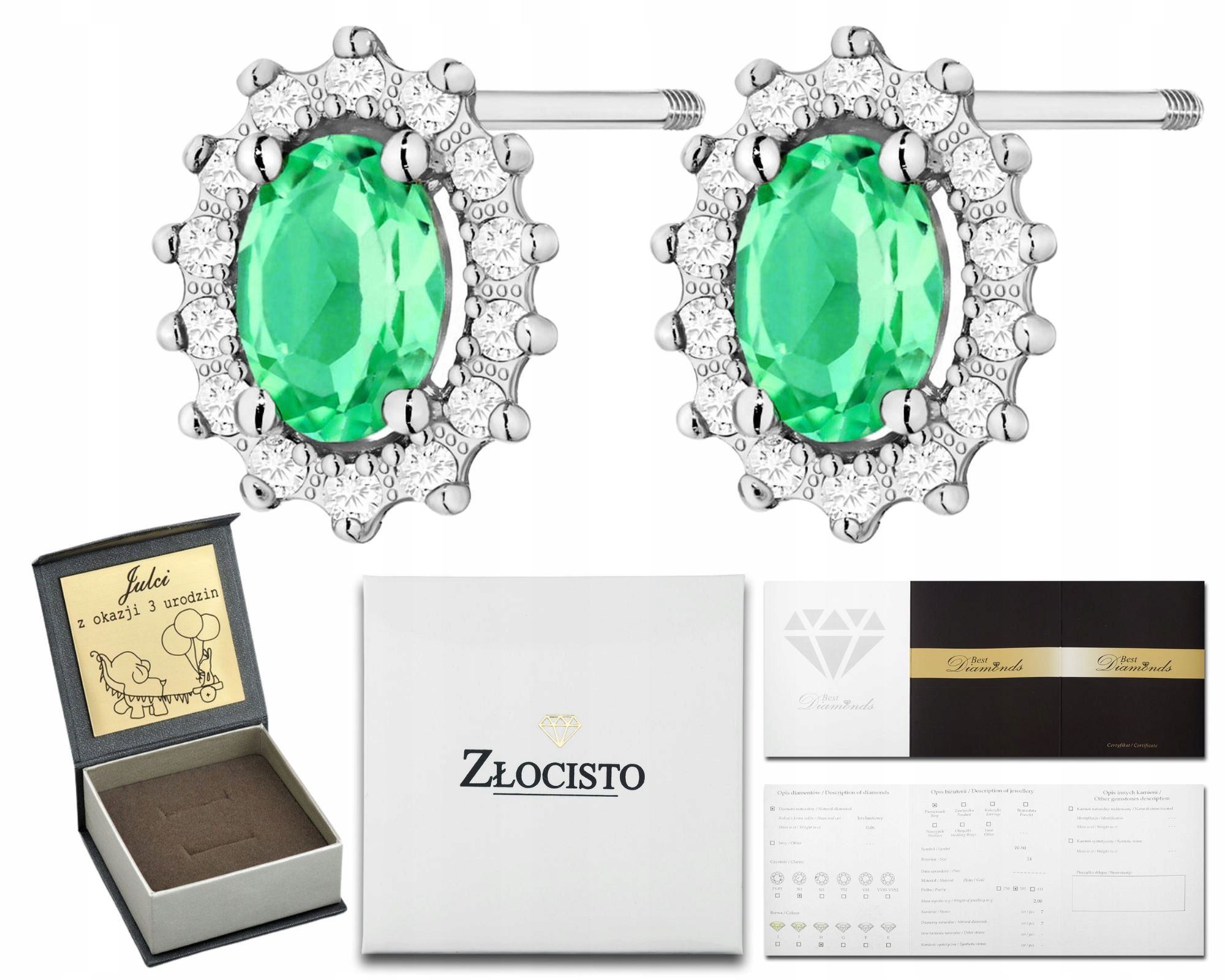  Zlaté náušnice zelený prírodný kameň smaragd a diamanty zlato 585