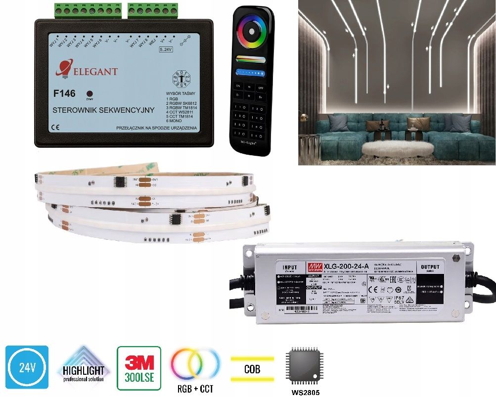  5m osvětlení korytarzowe soubor digitální led f146 cob ws2805 rgb + cct 24v