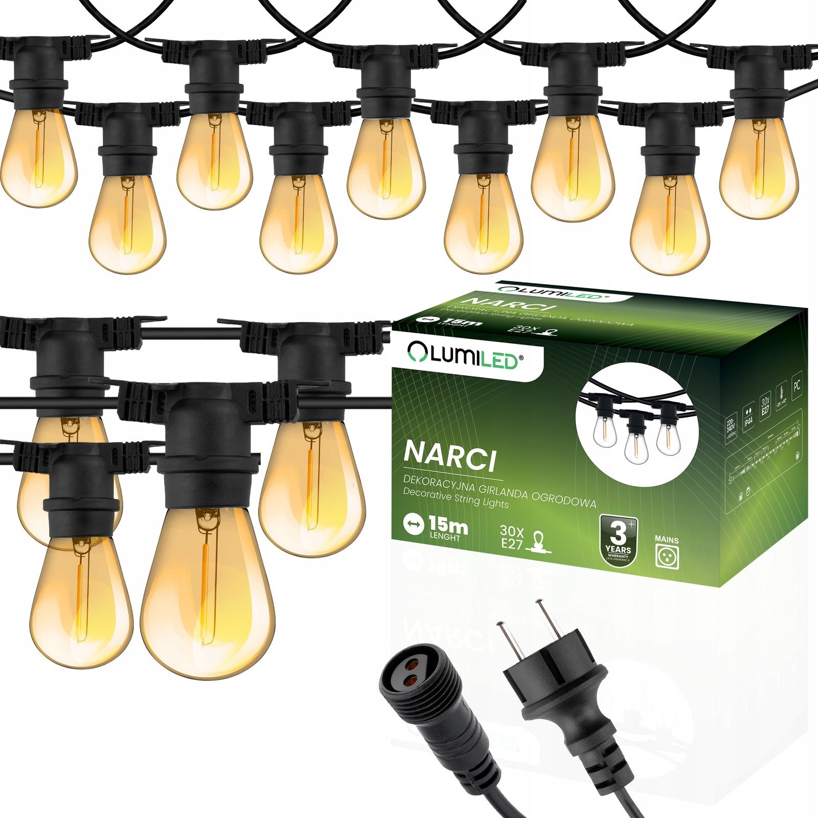  Dārza vītne ārējs ķēde led gaisma 15m 15xe27 1,3w premium