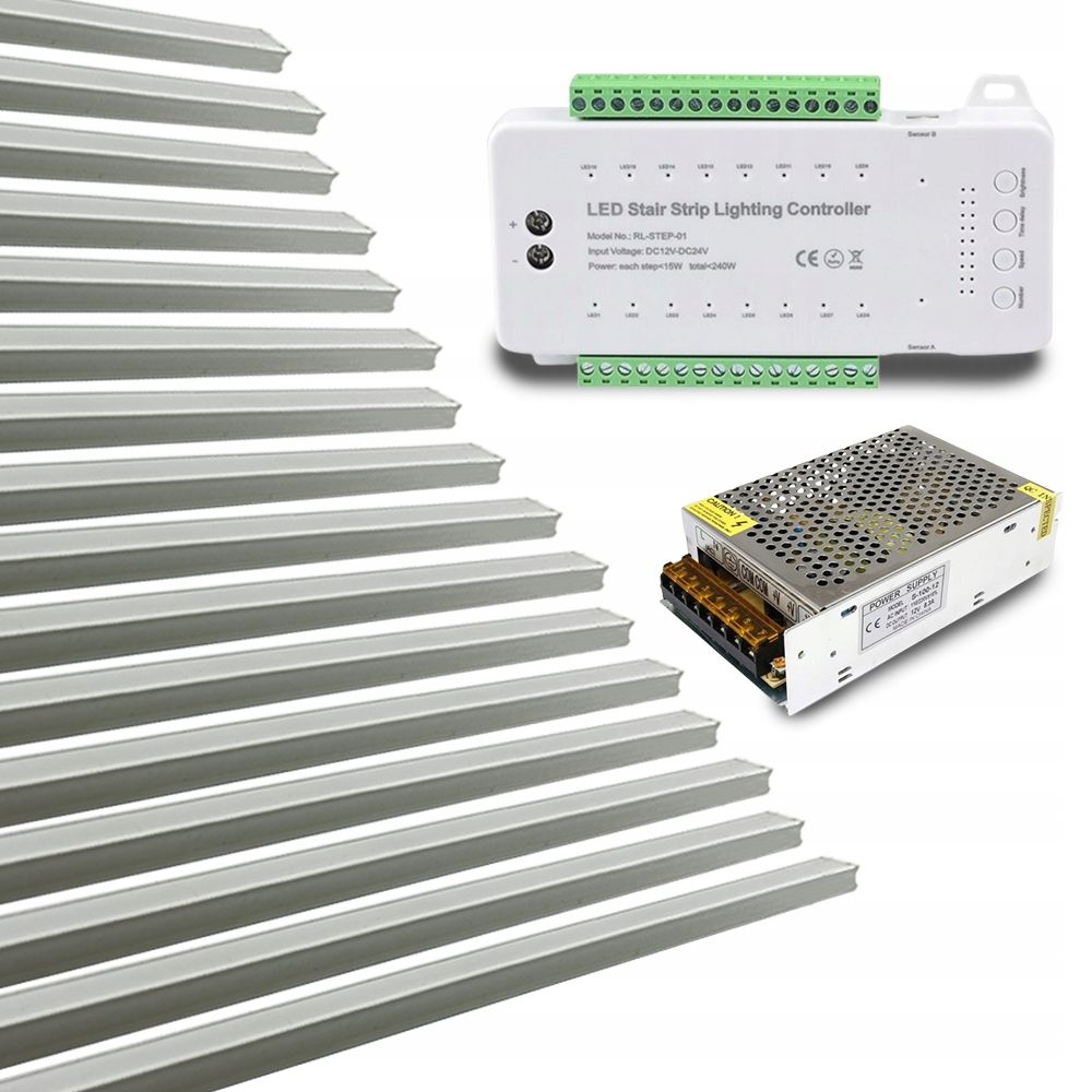  Soubor 16x srebrna led pásek schody slim 1m ovladač stupňovaný zdroj energie