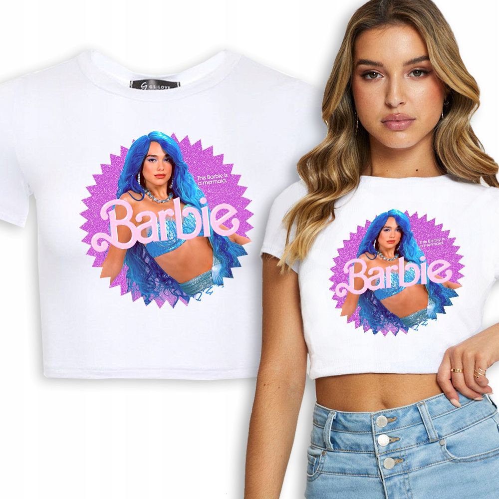  T-shirt kurz crop weiß mermaid muster - s