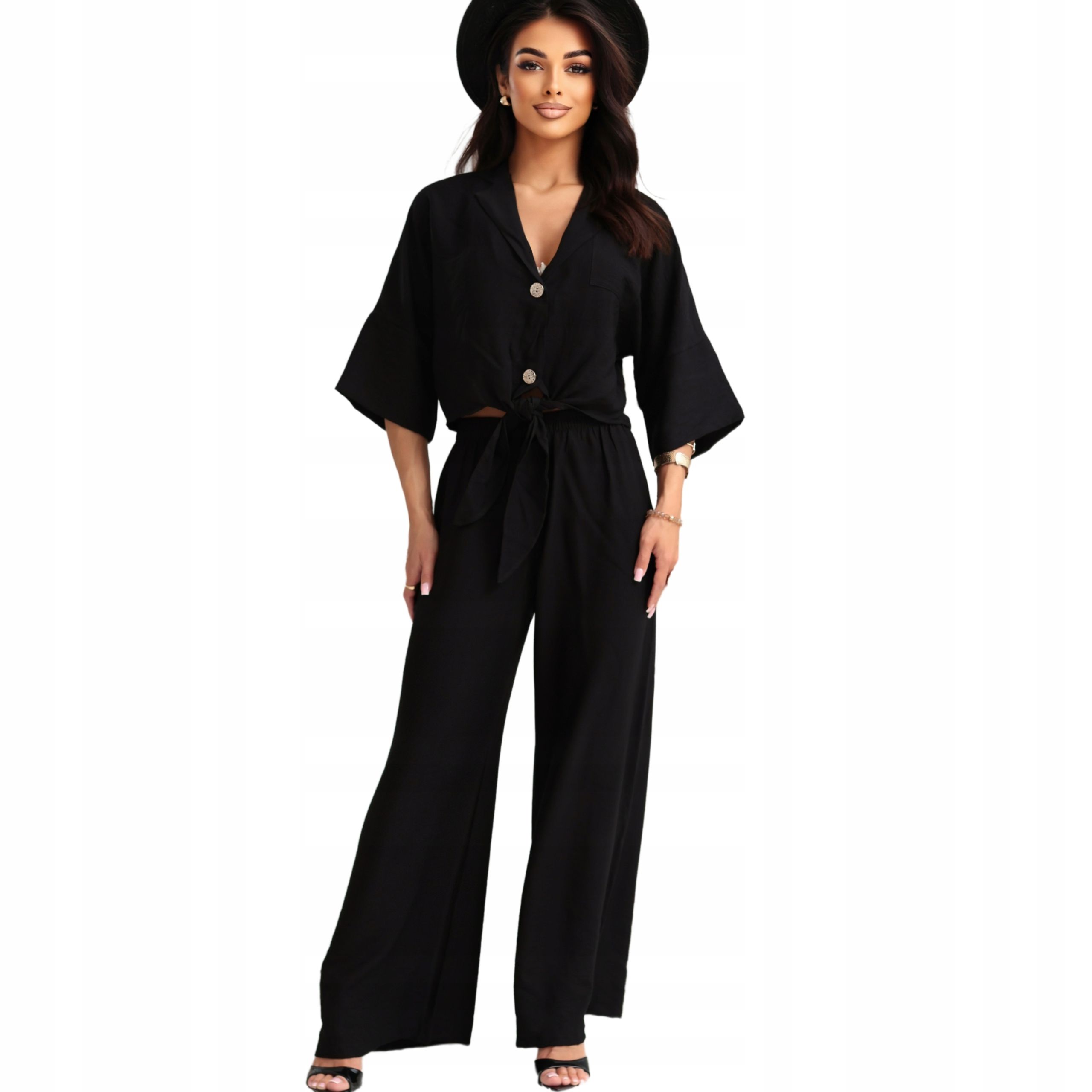  Garnitur feminin sommer lockeres hemd hose breit knie schwarz l