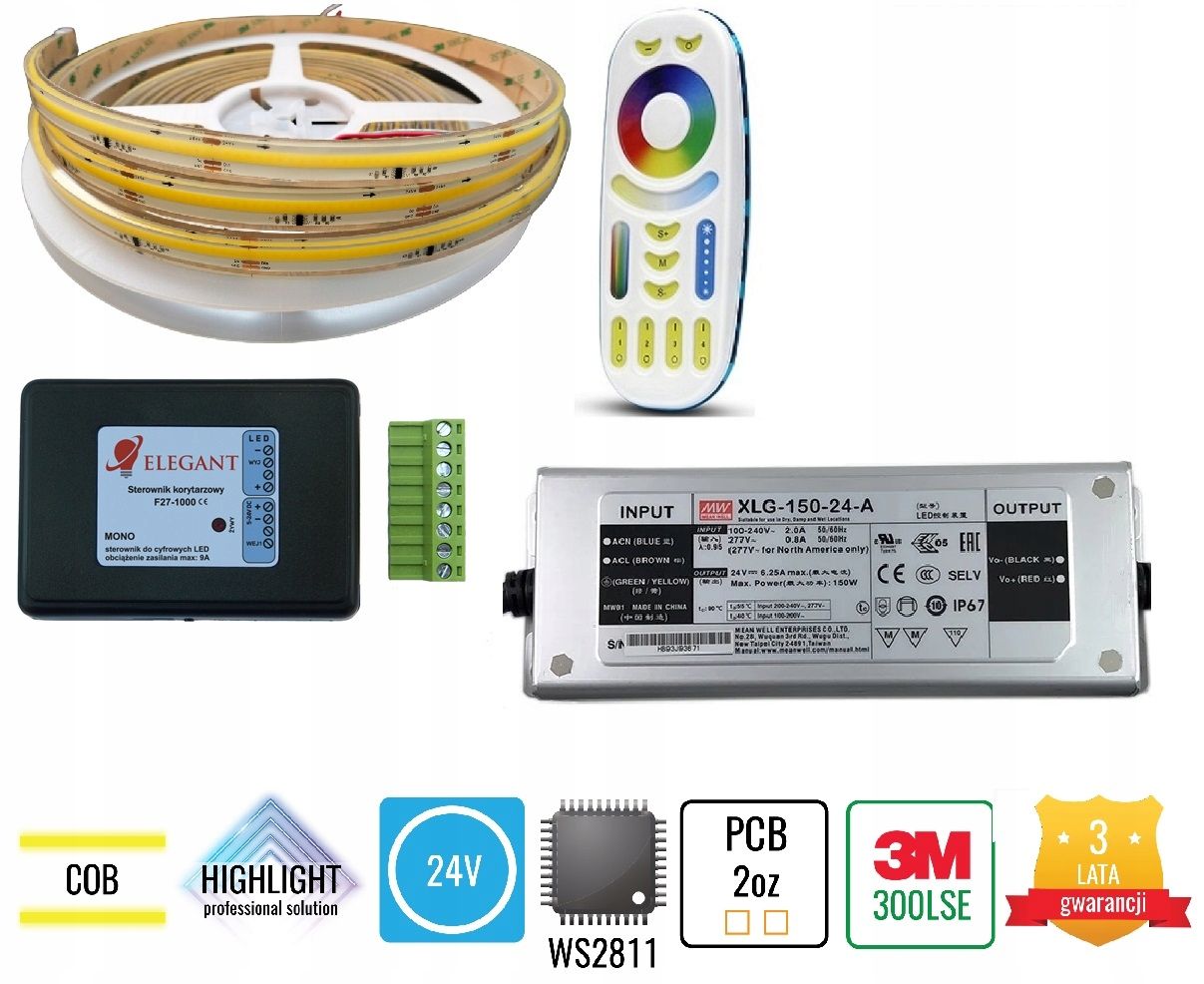  Soubor 20m digitální led cob neutrální 24v ws281 krytí ip68 vodotěsný zwin/rozwin