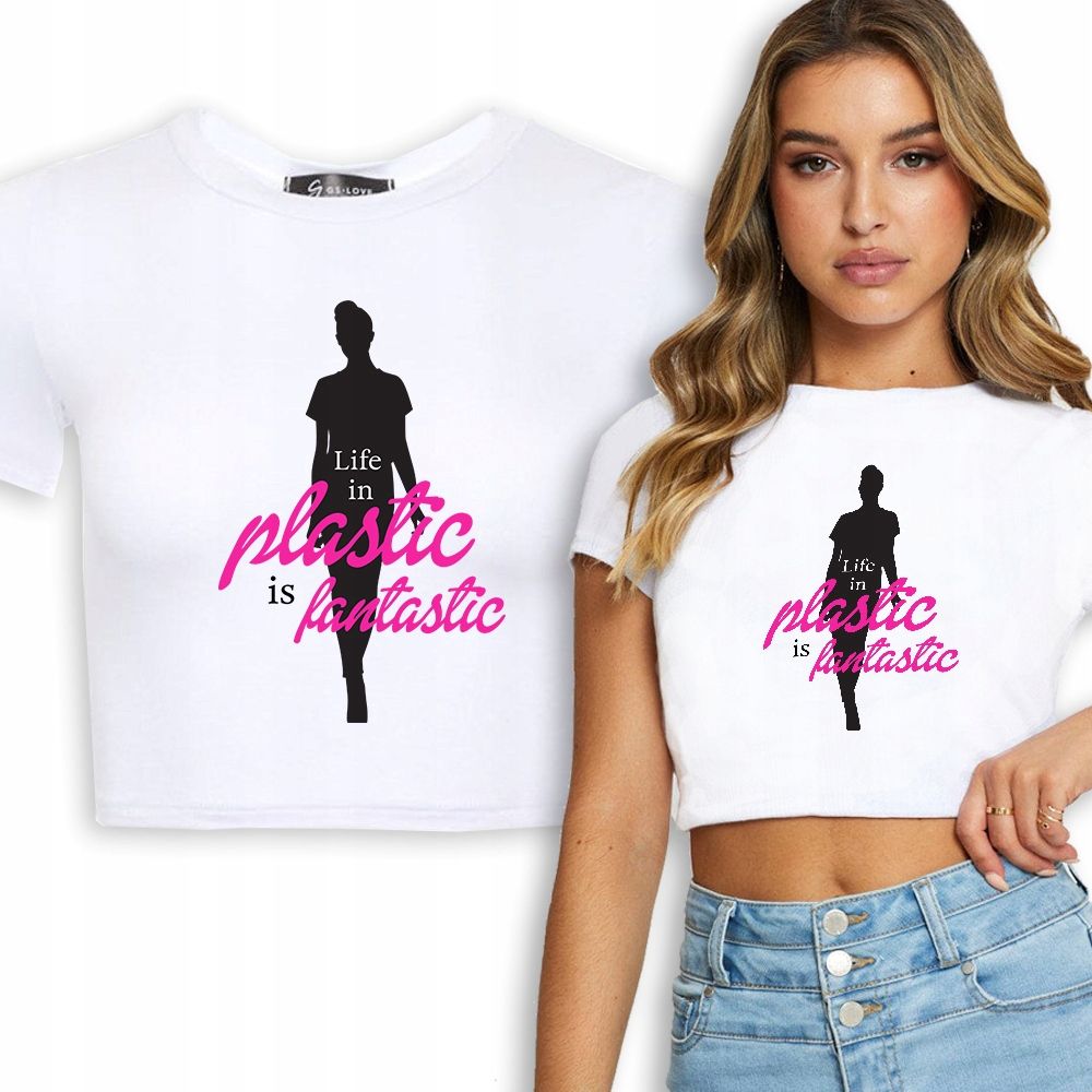  T-shirt kurz crop weiß mermaid muster - s