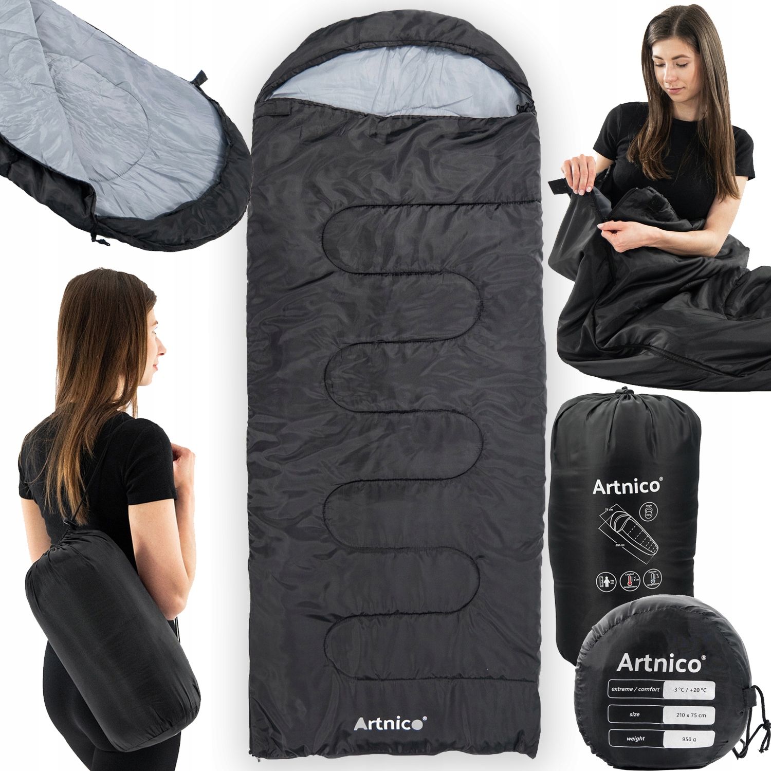  Turistický spací vak 2 v 1 s kapucňou 210 x 75 cm svetlo 950 g deka čierny