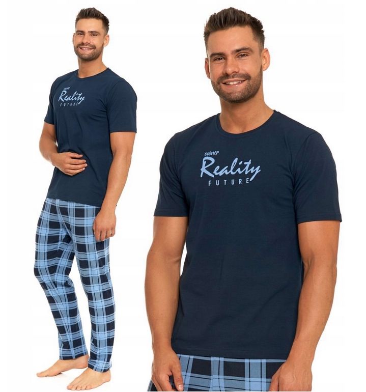  Pyžama bavlna muž soubor kalhoty tričko tlačítka 36/02 kostkovaný navy 4xl
