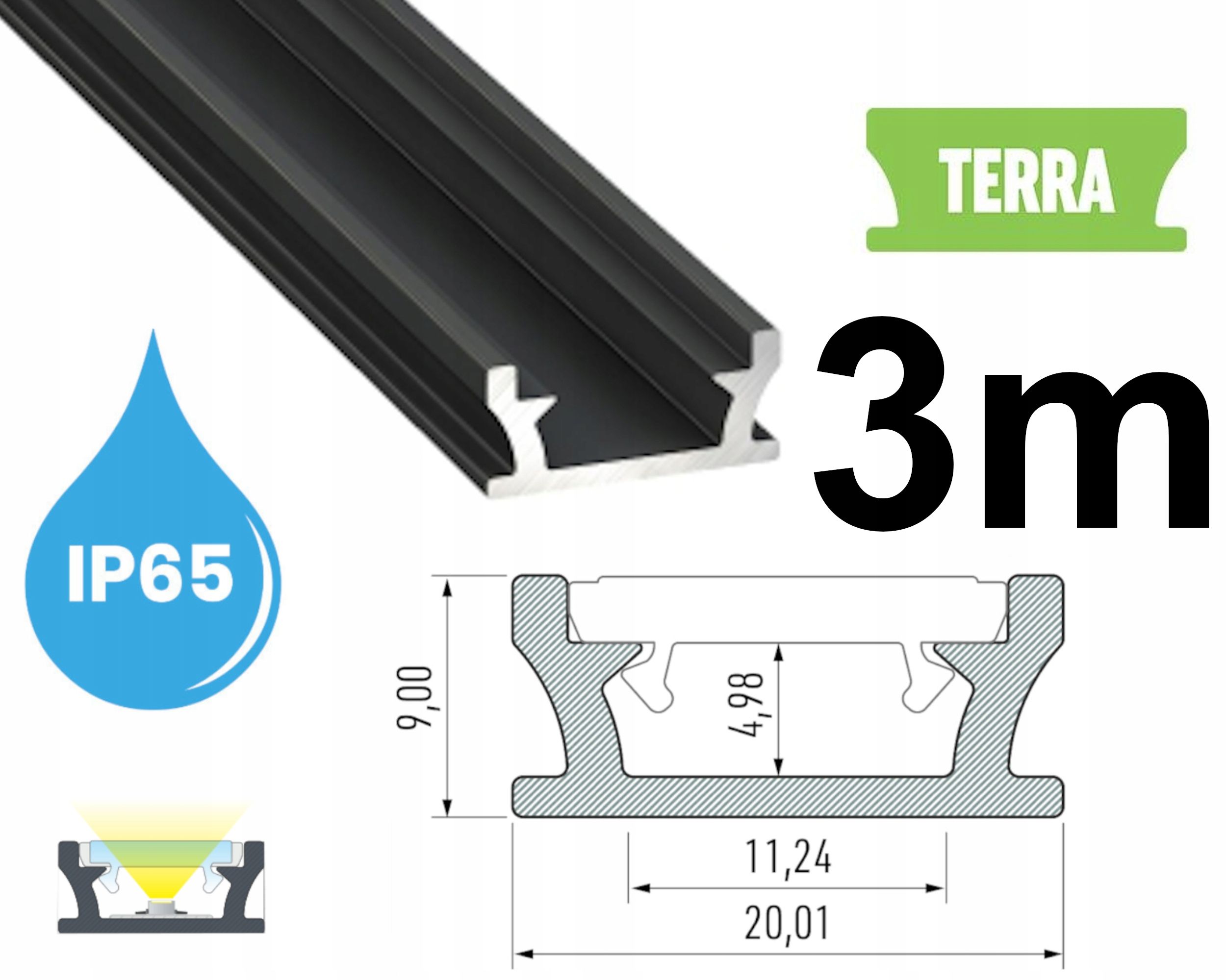  Profilis led vandeniui ip65 ip67 terra juodas 2m
