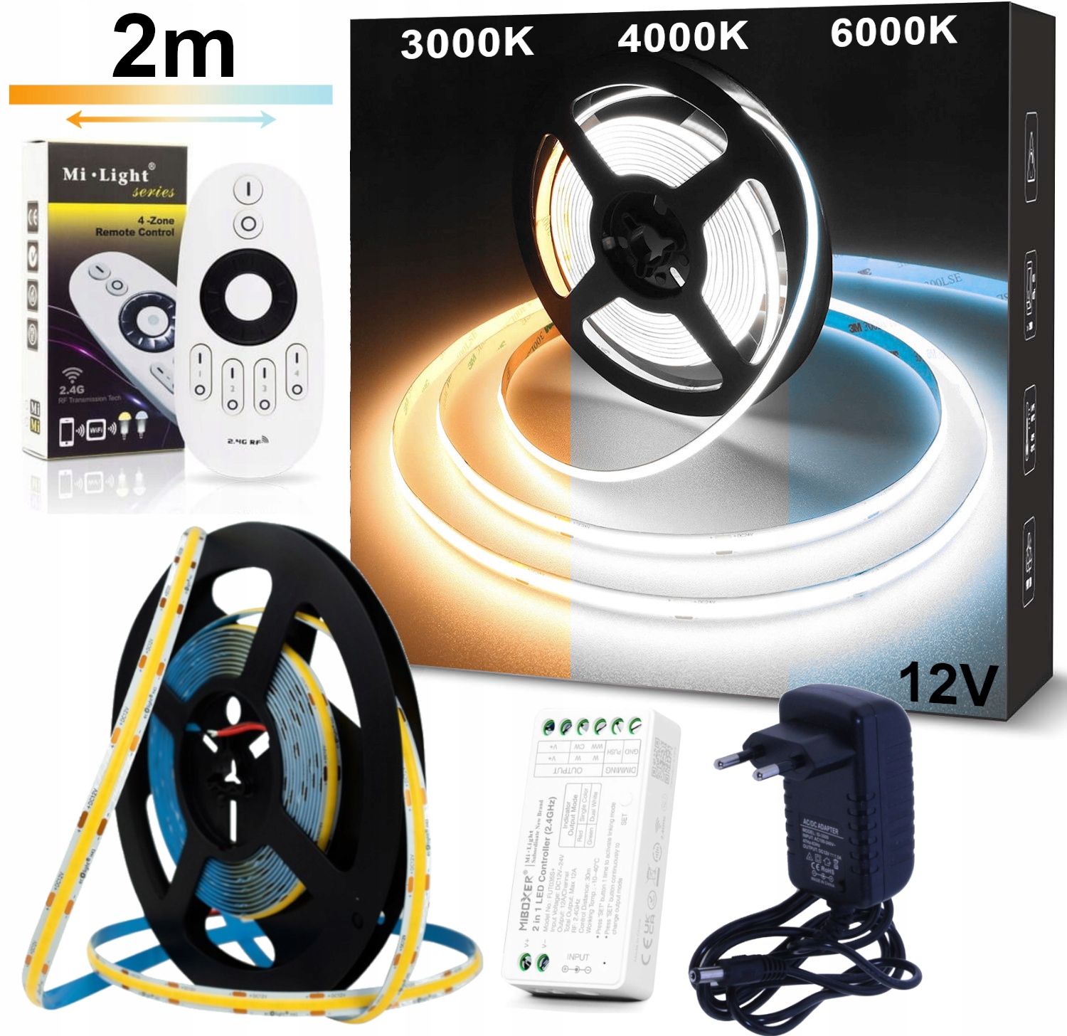  Led juosta 5m cob cct 24v su kintamąją spalva 2700k-6500k valdiklio + maitinimo šaltinis