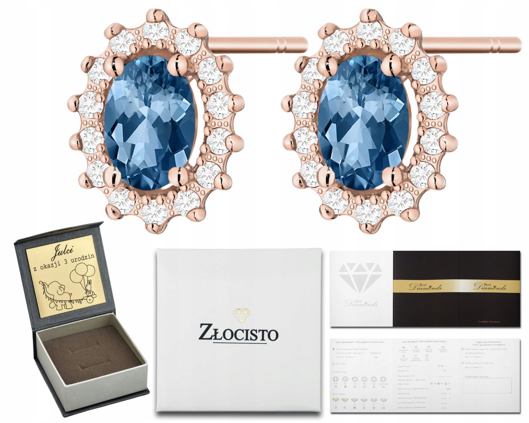  Zlaté náušnice topaz london blue diamanty ceruzka zlato 585 14k