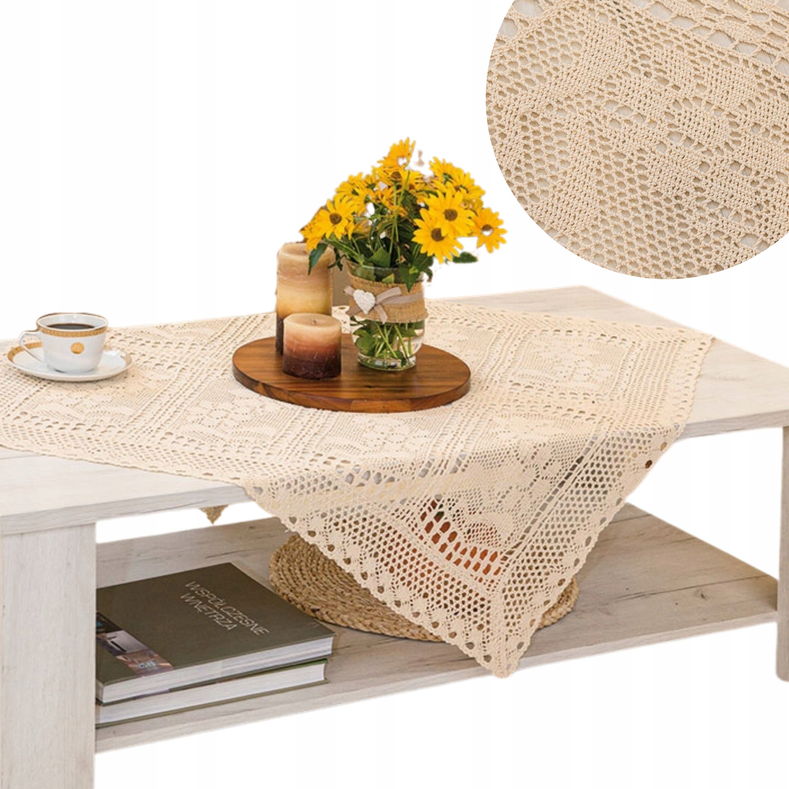  Beež lauajooksja puuvill ristkülik 50x100 ažuuridega pits boho väike kala