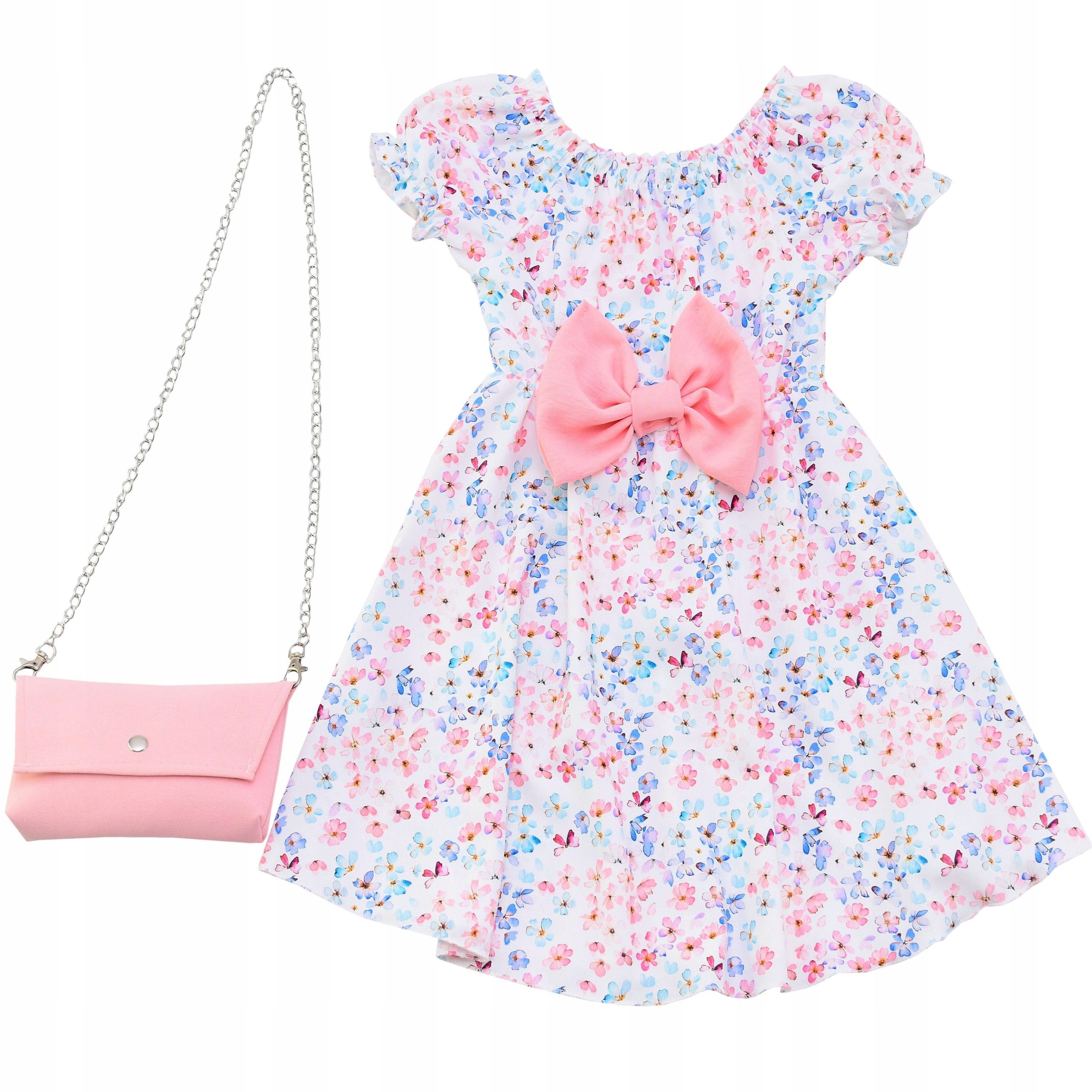  Kleid für mädchen blau mit blumen handtasche schleife sommer elegant 12 lal