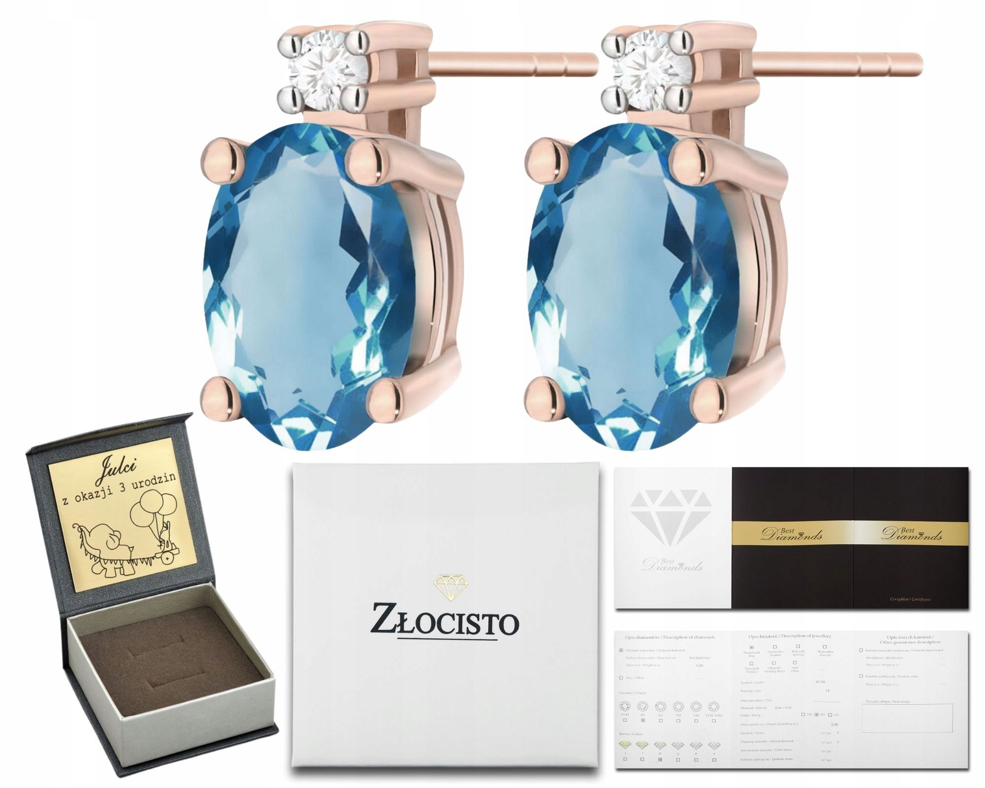  Zlaté náušnice topaz london blue diamanty ceruzka zlato 585 14k