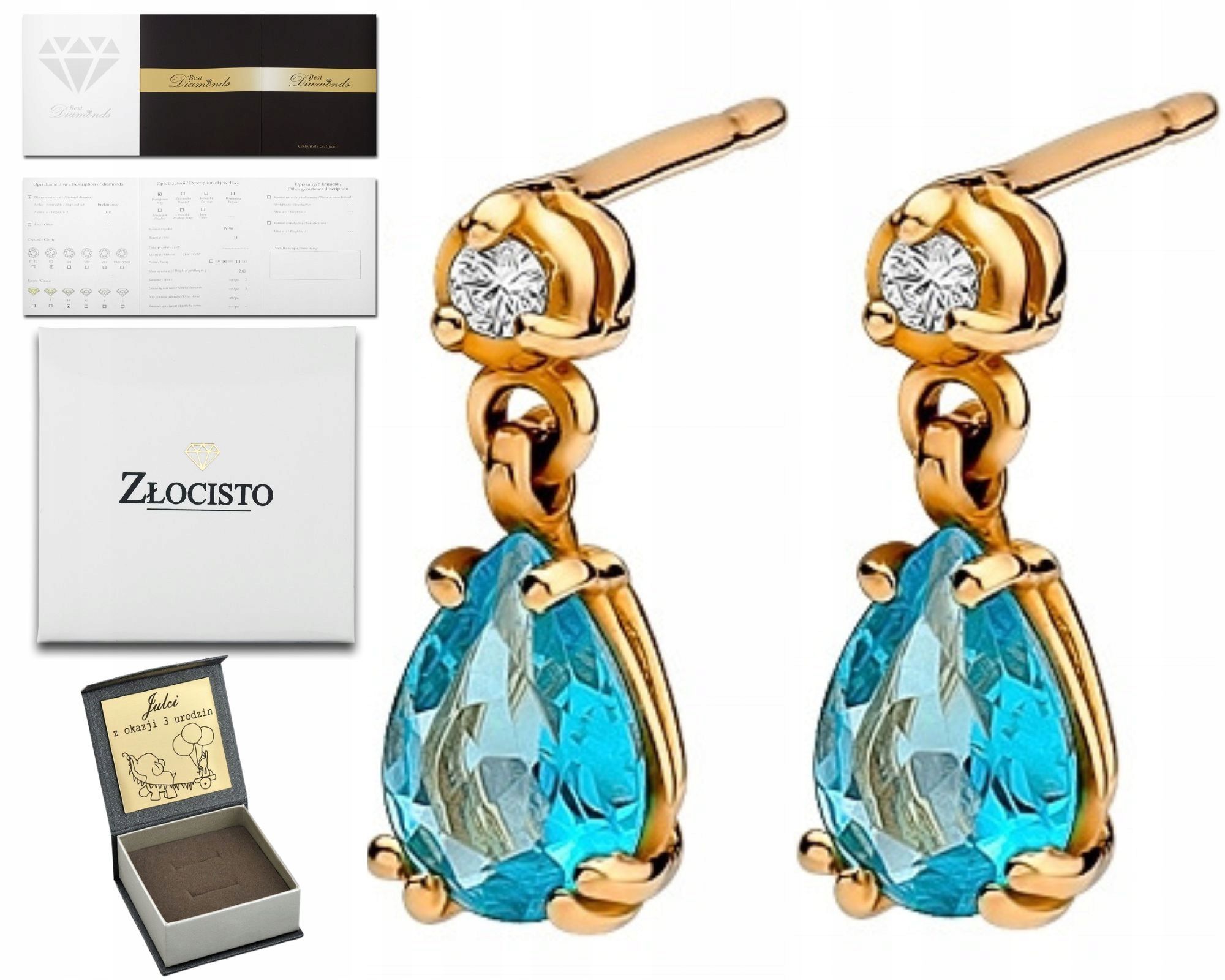 Zlaté náušnice topaz london blue diamanty ceruzka zlato 585 14k