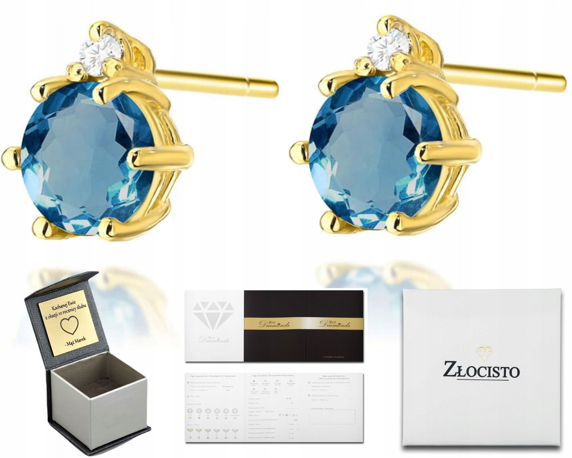  Zlaté náušnice topaz london blue diamanty ceruzka zlato 585 14k